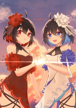 2girls absurdres ahoge artist_name bare_shoulders black_hair blue_eyes blue_sky breasts chinese_commentary cloud commentary_request dated dress dual_persona flower hair_flower hair_ornament heart heart_hands heart_hands_duo highres honkai_(series) honkai_impact_3rd medium_breasts meow_maolai multicolored_hair multiple_girls official_alternate_costume outdoors red_dress red_eyes red_hair seele_(alter_ego) seele_vollerei seele_vollerei_(mirrored_flourishes) seele_vollerei_(stygian_nymph) short_hair sky smile sunset two-tone_hair white_dress