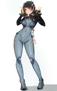 1girl artist_name black_bodysuit black_hair bodysuit breasts cattailarts commentary covered_navel english_commentary full_body grey_bodysuit grey_eyes hair_ornament highres looking_at_viewer marvel marvel_rivals mecha_pilot_suit multicolored_bodysuit peni_parker short_twintails simple_background solo spider-man_(series) spider-verse twintails two-tone_bodysuit v white_background