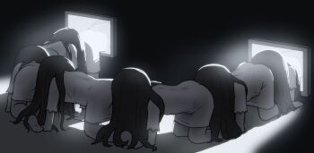 6+girls all_fours commentary_request dress flat_screen_tv greyscale long_hair monochrome multiple_girls shirosato short_sleeves static television the_human_centipede the_ring through_medium through_screen yamamura_sadako