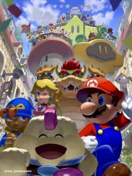 6+boys 6+girls blonde_hair blue_eyes blue_sky bowser bowyer brown_hair chancellor_(super_mario_rpg) closed_eyes cloud cloudy_sky confetti croco_(super_mario_rpg) dyna_(super_mario_rpg) earrings flag frog frogfucius geno_(mario) hat highres jewelry king_nimbus_(super_mario_rpg) luigi mack mallow_(mario) manager_(super_mario_rpg) mario mario_(series) multiple_boys multiple_girls nintendo one_eye_closed open_mouth overalls princess_peach queen_nimbus_(super_mario_rpg) scenery shy_guy shyster sky smile smithy super_mario_rpg super_mushroom super_star_(mario) tagme toad_(mario) warp_pipe yaridovich yoshi yuuma_rimi