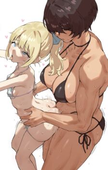 2girls bent_over blonde_hair blue_eyes blush breasts brown_hair clothed_sex dark-skinned_female dark_skin doggystyle futa_with_female futanari grabbing_another&#039;s_ass groping height_difference highres kei_(m_k) large_breasts long_hair m_k multiple_girls original ponytail rika_(m_k) sex sex_from_behind short_hair simple_background size_difference sweat swimsuit tall_female tan tomboy torso_grab vaginal