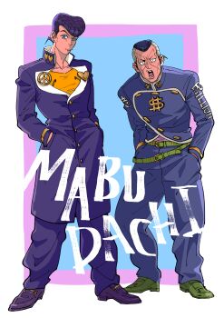 2boys absurdres black_hair blue_eyes commentary_request diamond_wa_kudakenai dollar_sign facial_mark gakuran grey_hair hands_in_pockets heart higashikata_josuke highres jojo_no_kimyou_na_bouken male_focus multicolored_hair multiple_boys nijimura_okuyasu peace_symbol pompadour purple_hair school_uniform slouching two-tone_hair yen_sign yonchi
