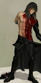 1boy absurdres ai-assisted albel_nox alternate_costume blood blood_on_chest blood_on_face closed_eyes full_body gradient_hair highres ish33r military_uniform multicolored_hair muscular partially_undressed solo star_ocean star_ocean:_till_the_end_of_time undressing