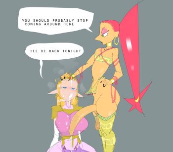 1futa 1girl :o absurdres after_fellatio blonde_hair blue_eyes blush breasts cum cum_on_body facial futanari gerudo gerudo_set_(zelda) green_eyes grey_background hand_on_another&#039;s_head highres huge_breasts large_penis large_testicles long_hair monstrousfrog nintendo open_mouth penis pointy_ears ponytail princess_zelda red_hair sagging_testicles simple_background testicles the_legend_of_zelda