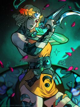 1girl ancient_greek_clothes asymmetrical_arms black_sclera blonde_hair bone colored_sclera dress glowing_arm greco-roman_clothes green_eyes green_lips hades_(series) hades_2 heterochromia highres laurel_crown melinoe_(hades) mismatched_sclera orange_dress red_eyes see-through_body short_hair skeletal_arm solo tholia_bentz