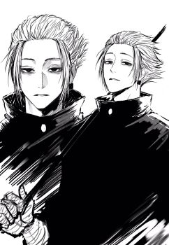 1boy bandaged_arm bandaged_hand bandages earrings forehead gaku_(sakamoto_days) greyscale hair_slicked_back high_collar highres jewelry looking_at_viewer male_focus monochrome multiple_views over_shoulder parted_lips sakamoto_days short_hair simple_background sso_s teeth upper_body weapon weapon_over_shoulder white_background