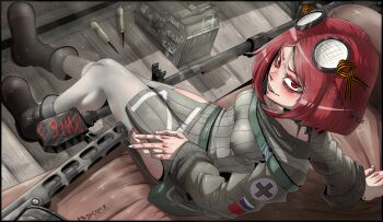 1girl absurdres black_boots blush boots breasts buhanka-chan dress fang fingernails from_above grin gun highres leaning_back long_sleeves looking_at_viewer looking_back mastcom0 medium_hair open_mouth original pelvic_curtain ppsh-41 red_eyes red_hair ribbed_dress ribbed_sweater ribbon_of_saint_george russian_text russo-ukrainian_war sharp_teeth sitting small_breasts smile solo soviet_flag submachine_gun sweater sweater_dress teeth thighhighs weapon white_thighhighs z_(russian_symbol)