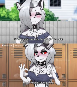 1girl animal_ears black_collar black_shirt blush breasts cleavage closed_eyes closed_mouth collar colored_sclera commentary english_commentary furry furry_female grey_hair hellaverse helluva_boss highres locker long_hair looking_at_viewer loona_(helluva_boss) medium_breasts outdoors red_sclera shirt solo spiked_collar spikes whisperfoot white_eyes white_fur wolf_ears wolf_girl