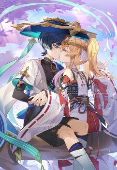 1boy 1girl 6753951969 absurdres artist_self-insert back bare_shoulders blonde_hair blue_eyes blue_hair branch cherry_blossoms chinese_commentary closed_eyes closed_mouth commentary_request commission commissioner_upload couple face-to-face falling_petals from_side genshin_impact hat headpiece highres holding_hands in_tree incoming_kiss index_finger_raised japanese_clothes kuyo_mizuki_(675391969) long_hair oc_x_canon original outdoors petals puckered_lips reflection ripples scaramouche_(genshin_impact) short_hair sitting sitting_in_tree tree twintails wanderer_(genshin_impact) water