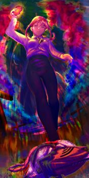 1boy 1girl :3 arms_up black_necktie black_pants blood blood_drip blood_on_clothes blood_on_ground breasts chainsaw chainsaw_devil chainsaw_man cloud cross death denji_(chainsaw_man) glowing hand_up heart heart_(organ) highres holding holding_heart holding_heart_(organ) looking_down makima_(chainsaw_man) medium_breasts multicolored_background necktie on_ground organs pants pochita_(chainsaw_man) red_hair ringed_eyes solo_focus thighs tight_clothes tombstone toyaboku