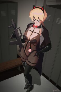 1girl absurdres animal_ears black_boots blonde_hair bodysuit bondage_outfit boots bow bowtie breasts brown_eyes cat_ears covered_navel eye_mask fake_animal_ears full_body gachimuchi girls&#039;_frontline girls&#039;_frontline:_fire_control gun hand_on_own_hip highres holding holding_gun holding_weapon indoors locker locker_room mask medium_breasts nishibuya official_alternate_costume ots-14_(girls&#039;_frontline) parted_lips red_bow red_bowtie signature smile solo standing thigh_boots weapon