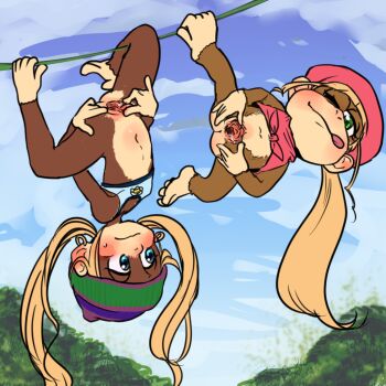 2girls ass beanie blonde_hair blue_eyes blush body_blush bottomless breasts cervix clitoris dixie_kong donkey_kong_(series) earrings feet female_focus flat_chest green_eyes hat hoop_earrings jewelry pussy loli long_hair midara_(6606088) monkey monkey_girl multiple_girls navel nervous nintendo one_eye_closed plant ponytail pussy pussy_juice siblings sisters small_breasts smirk spread_legs spread_pussy tank_top tiny_kong tongue tongue_out twintails upside-down very_long_hair vines wet wink