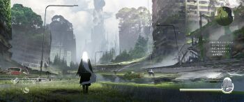 1girl absurdres asteroid_ill bird black_dress black_poncho building car cloud commentary_request deer dress from_behind grass heads-up_display health_bar highres iz_(asteroid_ill) minimap motor_vehicle nature original outdoors overgrown railing ruins sky solo standing tree user_interface water white_hair wide_shot