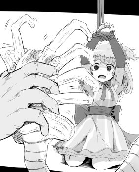 1girl 1other alien_(series) arms_up bound bound_wrists commentary_request dress facehugger greyscale long_hair magia_record:_mahou_shoujo_madoka_magica_gaiden magical_girl mahou_shoujo_madoka_magica minami_rena minami_rena_(magical_girl) monochrome open_mouth out_of_frame restrained samidare_(hoshi) scared sitting sweat tears trembling two_side_up