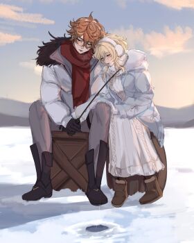 1boy 1girl aitsuwu blonde_hair blue_jacket blush brown_hair couple earmuffs fishing_rod fur_trim genshin_impact head_on_another's_shoulder hetero highres holding holding_fishing_rod ice_fishing jacket lumine_(genshin_impact) short_hair sleeping snow_on_head tartaglia_(genshin_impact) white_jacket winter winter_clothes