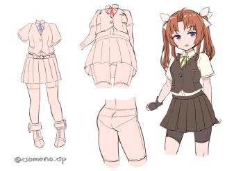 1girl ahoge bike_shorts black_gloves brown_hair chart contrapposto cropped_legs fingerless_gloves gloves green_ribbon grey_skirt grey_vest hair_ribbon kagerou_(kancolle) kagerou_kai_ni_(kancolle) kantai_collection long_hair looking_at_viewer neck_ribbon panties_under_bike_shorts ribbon shirt short_sleeves shorts shorts_under_skirt simple_background skirt someno_haru standing twintails vest white_background white_ribbon white_shirt