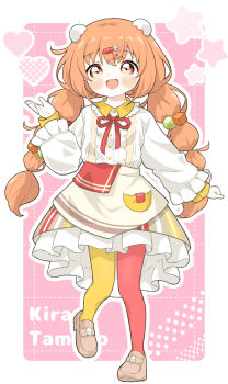 1girl absurdres apron asymmetrical_legwear blush braid brown_apron brown_shoes brown_skirt center_frills collared_dress dress egg_hair_ornament food-themed_hair_ornament fork_hair_ornament frilled_dress frills full_body hair_ornament hairclip halftone halftone_background hand_up heart heart_background highres kirara_tamako kirara_tamako_(1st_costume) layered_sleeves loafers long_hair long_sleeves low_twin_braids mismatched_legwear neck_ribbon nijisanji object_in_pocket open_mouth orange_eyes orange_hair pantyhose pink_background pocket red_pantyhose red_ribbon ribbon shoes skirt smile solo standing standing_on_one_leg star_(symbol) striped_clothes striped_skirt twin_braids two-tone_pantyhose usugale9523 vertical-striped_clothes vertical-striped_skirt virtual_youtuber white_dress yellow_pantyhose