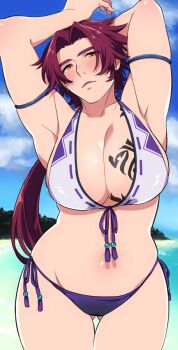 10s 1girl adapted_costume armpits arms_behind_head arms_up beach bikini blush breasts cleavage curvy female_focus genderswap genderswap_(mtf) huge_breasts long_hair long_sideburns looking_at_viewer navel noboru_25 orange_eyes parted_lips plump ponytail purple_hair red_hair siddham side-tie_bikini_bottom sideburns solo swimsuit tattoo tonbokiri_(touken_ranbu) touken_ranbu