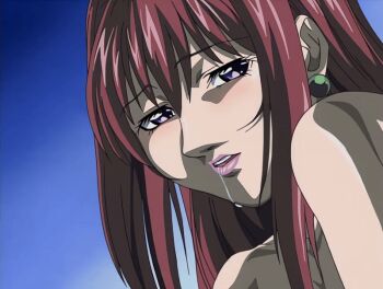 00s 1girl 2002 animated animated_gif bible_black bible_black_night_of_the_walpulgiss blush earrings jewelry lipstick long_hair makeup mature_female open_mouth purple_eyes red_hair saliva solo tagme takashiro_hiroko teacher