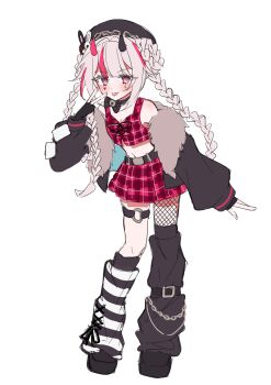 Rule 34 | 1girl, asymmetrical legwear, beret, braid, checkered clothes, choker, commentary request, facial mark, fake horns, fishnets, full body, fur-trimmed jacket, fur trim, hat, highres, honkai: star rail, honkai (series), horns, jacket, midriff, mismatched legwear, official alternate costume, ooo00 cha, red eyes, red streaks, skirt, sparkle (honkai: star rail), sparxie (ethereal dance) (honkai: star rail), sparxie (honkai: star rail), thigh strap, tongue, tongue out, twin braids, white background, white hair