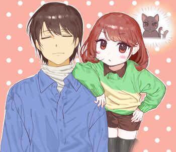 Rule 34 | 2others, absurdres, androgynous, brown hair, cat, chara (undertale), closed eyes, closed mouth, commentary request, frisk (undertale), ghost, green sweater, heart soma, highres, imagining, long sleeves, multiple others, partial commentary, red eyes, shirt, short hair, shorts, smile, striped clothes, striped shirt, striped sweater, sweater, tagme, undertale, utdr (toby fox)