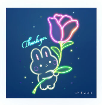 Rule 34 | animal, animal focus, artist name, ayu (mog), blue background, blush stickers, border, closed mouth, commentary, english commentary, flower, holding, holding flower, leaf, mixed-language commentary, no humans, original, pink flower, pink tulip, rabbit, romaji commentary, smile, solid circle eyes, thank you, tulip, twitter username, white border
