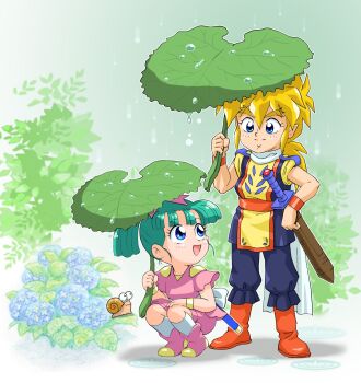Rule 34 | 1boy, 1girl, after rain, animal, aqua hair, blonde hair, blue eyes, blue flower, blue pants, blue shirt, boots, bow, bush, closed mouth, commentary request, cross scar, dew drop, flower, gloves, hair bow, hand up, high ponytail, highres, holding, holding leaf, hydrangea, japanese clothes, leaf, leaf umbrella, long hair, looking at another, looking back, low ponytail, mashin eiyuuden wataru, mizutani kenta, open mouth, orange sash, outdoors, pants, pink boots, pink bow, pink pants, pink shirt, plant, pointy ears, ponytail, scar, scar on chin, scar on face, scarf, sheath, sheathed, shinobibe himiko, shirt, short hair, smile, snail, spiked hair, squatting, standing, sword, sword on back, tabard, thick eyebrows, toraou, water drop, weapon, weapon on back, white gloves, white scarf, wristband