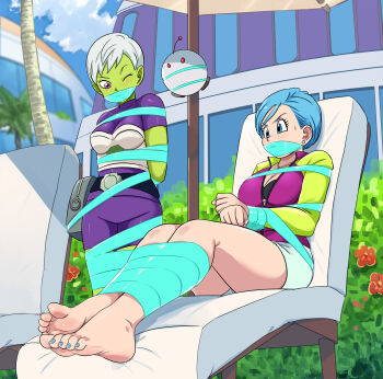 2girls absurdres arms_behind_back barefoot bdsm black_bra blue_eyes blue_hair blush bondage bound bound_arms bound_legs bound_wrists bra breasts bulma cheelai cleavage colored_skin dragon_ball dragon_ball_super dragon_ball_super_broly gag gagged green_skin grey_hair hand_on_own_hip highres improvised_gag jacket jewelry large_breasts legs lost_one_zero matching_hair/eyes mature_female medium_breasts multiple_girls nail_polish necklace one_eye_closed open_clothes open_jacket purple_eyes shorts sweat tape tape_gag thighs toenail_polish toenails underwear white_shorts wink