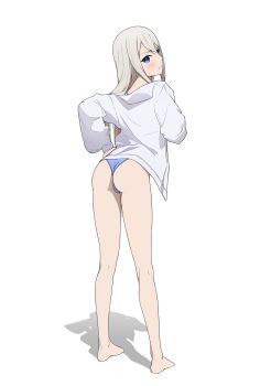 1girl absurdres ass bare_legs barefoot bikini blue_bikini blue_eyes blush closed_mouth commentary coro_fae english_commentary feet from_behind grey_hair hair_between_eyes hand_on_own_hip highres hood hoodie kaguya-sama_wa_kokurasetai_~tensai-tachi_no_renai_zunousen~ legs long_hair long_sleeves looking_at_viewer looking_back paid_reward_available puffy_long_sleeves puffy_sleeves shadow shirogane_kei simple_background small_sweatdrop solo standing swimsuit v-shaped_eyebrows very_long_hair white_background white_hoodie