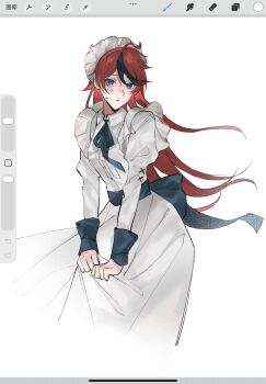 Rule 34 | 1girl, :<, alternate costume, back bow, black bow, black hair, black ribbon, blue eyes, bow, buttons, chinese commentary, closed mouth, commentary request, dress, enmaided, frown, genderswap, genderswap (mtf), highres, long hair, long sleeves, maid, maid headdress, multicolored hair, neck ribbon, procreate (medium), procreate (software), red hair, red pupils, ribbon, simple background, skirt hold, solo, streaked hair, sumino takumi, sweat, the hundred line -last defense academy-, tsurime, two-tone hair, white background, white dress, wonenglijiee