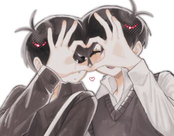 Rule 34 | 2boys, :d, ^ ^, alternate costume, alternate sleeve length, antenna hair, black eyes, black hair, black shirt, black sweater vest, blush, cheek-to-cheek, closed eyes, closed mouth, collared shirt, commentary request, dual persona, empty eyes, hair between eyes, halftone, hand up, hands up, heads together, heart, heart hands, heart hands duo, long sleeves, male focus, multiple boys, no pupils, omori, omori (omori), open mouth, pale skin, puffy long sleeves, puffy sleeves, rou (h s sinrin), shirt, short hair, simple background, smile, sunny (omori), suspenders, sweater vest, teeth, tongue, upper body, upper teeth only, very short hair, white background, white shirt