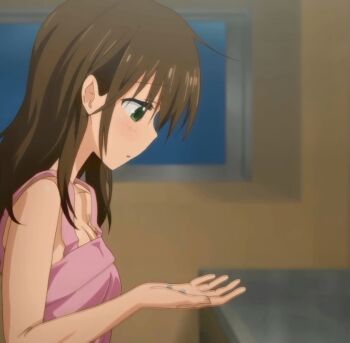1girl anime_screenshot blush brown_hair green_eyes highres in_the_kitchen loli oyasumi_sex short_hair sleeping_pills sleeping_shirt solo standing stitched third-party_edit tsukioka_yui