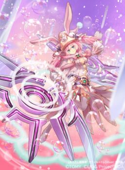 1girl animal_ears aqua_eyes boots breasts bubble cleavage_cutout closed_mouth clothing_cutout copyright_notice detached_sleeves dress fur-trimmed_dress fur_trim gold_trim gradient_background hair_ornament holding holding_weapon huge_weapon long_hair official_art ori_simo pink_hair rabbit_ears small_breasts solo tawil_(wixoss) thigh_boots twintails weapon white_boots white_dress wixoss