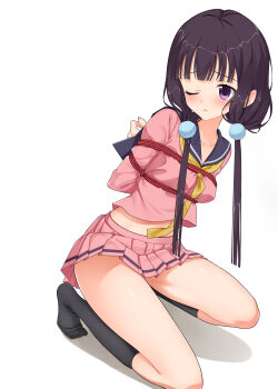 Rule 34 | 1girl, ;<, absurdres, bdsm, black hair, black sailor collar, black socks, blend s, blunt bangs, blush, bondage, bound, breasts, closed mouth, commentary, eyelashes, full body, gloves, hair ornament, highres, kneehighs, kneeling, long hair, looking at viewer, low twintails, md5 mismatch, meitoku, midriff, no shoes, one eye closed, pink serafuku, pom pom (clothes), pom pom hair ornament, purple eyes, restrained, sailor collar, sakuranomiya maika, school uniform, serafuku, shibari, shirt, simple background, skirt, small breasts, socks, solo, thighs, tiptoes, twintails, very long hair, white background, white gloves