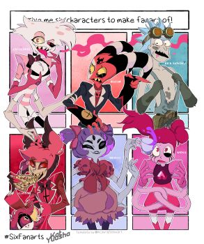 2girls 4boys absurdres alastor_(hazbin_hotel) angel_dust bad_link blitzo_(helluva_boss) cup eating food hazbin_hotel hellaverse helluva_boss highres holding holding_cup holding_food holding_pizza kat_yuusha muffet multiple_boys multiple_girls niffty_(hazbin_hotel) pizza rick_and_morty rick_sanchez spinel_(steven_universe) steven_universe teacup undertale utdr_(toby_fox)