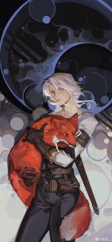 1girl absurdres animal animal_hug arm_strap belt black_belt black_gloves black_pants ciri closed_mouth collarbone cowboy_shot crescent expressionless fox gloves green_eyes highres hug lips long_hair looking_at_viewer moon_(symbol) multiple_belts pants parted_bangs red_fox sheath shirt sin_node solo standing sword the_witcher_(series) the_witcher_3 watermark weapon weibo_watermark white_hair white_shirt