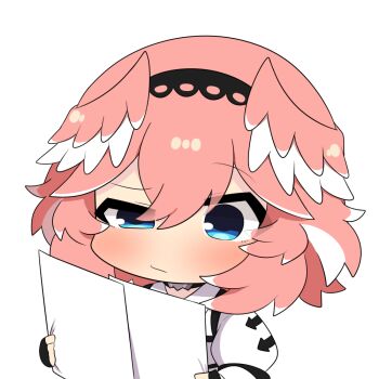 Rule 34 | 1girl, black choker, black gloves, black hairband, blue eyes, chibi, chibi only, choker, commentary request, double-parted bangs, dress shirt, fingerless gloves, gloves, hair between eyes, hairband, head wings, holding, holding paper, hololive, long sleeves, looking at object, multi-source commentary, paper, pink hair, pink wings, raised eyebrow, reading, shirt, short hair, simple background, sleeve garter, solo, takane lui, takane lui (1st costume), twumi, virtual youtuber, white background, white shirt, wings