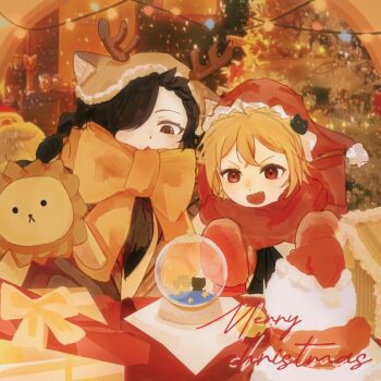 1boy 1girl animal_ears animal_hat antlers black_hair blonde_hair box braid christmas christmas_ornaments christmas_stocking christmas_tree commentary fang felt_(re:zero) fur-trimmed_headwear fur_trim gift gift_box hair_over_one_eye hat highres horns long_hair merry_christmas natsuki_subaru natsumi_schwarz open_mouth re:zero_kara_hajimeru_isekai_seikatsu red_eyes red_scarf reindeer_antlers santa_hat scarf short_hair smile stuffed_animal stuffed_toy suyu_yo symbol-only_commentary