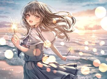 1girl :d back beach blurry blurry_background cloud cowboy_shot evening fireworks floating_clothes floating_hair from_side grey_hair hand_up highres holding holding_fireworks lens_flare long_hair looking_at_viewer ocean open_mouth original outdoors pleated_skirt red_eyes sailor_collar sailor_shirt sakura_(39ra) school_uniform serafuku shirt short_sleeves skirt sky smile solo sparkler white_sailor_collar white_shirt white_skirt