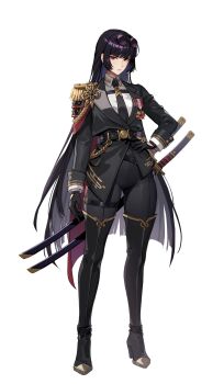 1girl absurdres black_boots black_hair black_jacket black_necktie boots collared_shirt eyewear_on_head full_body hand_on_own_hip highres jacket katana long_hair looking_at_viewer necktie official_alternate_costume official_art red_eyes round_eyewear shirt simple_background solo solo_leveling solo_leveling:_arise sunglasses sword tawata_kanae thigh_boots weapon white_background white_shirt