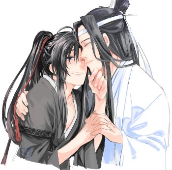 2boys ahoge bishounen black_hair black_hanfu chinese_clothes closed_eyes closed_mouth commentary_request couple hair_ornament hair_ribbon hand_on_another's_chin hand_on_another's_shoulder hanfu headband high_ponytail holding_hands hug interlocked_fingers lan_wangji long_hair long_sleeves looking_at_another male_focus modao_zushi multiple_boys one_eye_closed parted_lips ponytail purple_eyes red_ribbon ribbon robe sidelocks simple_background smile sunmoon9994 tassel tassel_hair_ornament topknot upper_body wei_wuxian white_background white_hanfu white_headband wide_sleeves xiao_guan_(headdress) yaoi