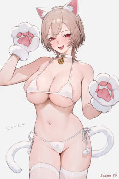 1girl :d absurdres animal_ears animal_hands areola_slip bell bikini blush breasts brown_hair cat_ears cat_tail choker commentary cowboy_shot english_commentary fake_animal_ears furen_e_lustario gloves hair_ornament hairband hands_up highres large_breasts medium_hair mixed-language_commentary navel neck_bell nijisanji open_mouth paid_reward_available paw_gloves red_eyes side-tie_bikini_bottom simple_background smile solo sooon stomach swimsuit tail thighhighs underboob virtual_youtuber white_background white_bikini white_choker white_gloves white_hairband white_thighhighs