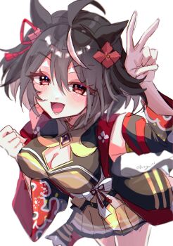 1girl ahoge animal_ears black_gemstone black_hair blush breasts chanchanko_(clothes) cleavage clothing_cutout detached_sleeves disney_o626 ear_ornament flower_ornament gem hair_between_eyes hair_ornament highres horse_ears horse_girl horse_tail kitasan_black_(crowning_ooban)_(umamusume) kitasan_black_(umamusume) large_breasts looking_at_viewer multicolored_hair open_mouth red_eyes rope shimenawa short_hair simple_background smile solo streaked_hair tail umamusume v white_background white_hair