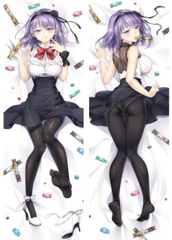 1girl bare_shoulders black_hairband black_pantyhose black_skirt blue_eyes bow bowtie breasts button_gap commentary_request dagashi_kashi dakimakura_(medium) food_in_mouth full_body hairband high-waist_skirt large_breasts moeanime multiple_views no_shoes pantyhose purple_hair red_bow red_bowtie shidare_hotaru shirt shoes short_hair skirt smile white_shirt white_shoes