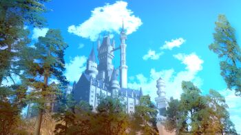 3d blue_sky building carcdrcons castle cloud commentary_request copyright_notice day no_humans original outdoors pine_tree scenery sky spire tower tree