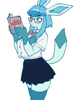 animal_ears black_skirt blue_hair blue_skin blush book bow bowtie breasts colored_skin furry gen_4_pokemon glaceon glasses highres holding holding_book large_breasts long_bangs looking_at_viewer mochichiart navel_peek nintendo pokemon reading red_bow school_uniform shirt skirt tail thighhighs thighs very_long_ears white_shirt