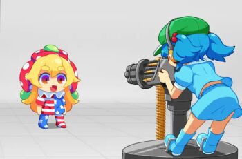 2girls american_flag american_flag_legwear american_flag_print ammunition_belt animated blonde_hair blue_boots blue_hair blue_shirt blue_skirt boots clownpiece deformed ear_protection fang firing flag_print flat_cap gradient_eyes green_hat gun hair_bobbles hair_ornament hat heavy_machine_gun jester_cap kawashiro_nitori long_hair machine_gun manually-operated_mounted_gun missing_wings monster_farm motion_lines multicolored_eyes multiple_girls muzzle_flash neck_ruff open_mouth orange_eyes pantyhose parody puffy_short_sleeves puffy_sleeves purple_eyes ranka_(tonbo) red_hat rubber_boots shirt short_hair short_sleeves skirt standing star_(symbol) star_print striped_clothes striped_pantyhose striped_shirt tagme touhou twintails video weapon