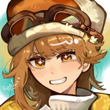 +_+ 1girl airtree blue_background brown_hair character_name goggles goggles_on_headwear grin hat looking_at_viewer official_alternate_costume orange_eyes orange_hat portrait regulus_(reverse:1999) regulus_(take_off!_to_the_future)_(reverse:1999) reverse:1999 short_hair smile solo sparkle uneven_eyes