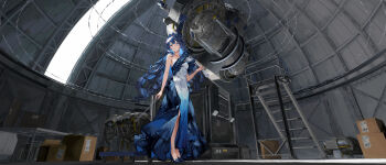 Rule 34 | 1girl, absurdres, alternate costume, animal ears, arknights, astesia (arknights), astronomy, bare shoulders, bird ears, blue dress, blue eyes, blue hair, bow (music), box, bright pupils, colored eyelashes, dress, engine, full body, gradient clothes, gradient dress, high heels, highres, holding, holding bow (music), holding instrument, holding violin, immeasurable, incredibly absurdres, indoors, instrument, ladder, long hair, looking at viewer, monitor, observatory, orbital ring, parted lips, side slit, sign, solo, telescope, violin, warning sign, white dress, white pupils, wide shot
