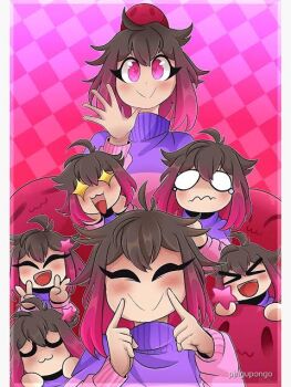 akumu_(glitchtale) bete_noire brown_hair closed_eyes clothes glitchtale pink_eyes pink_hair pink_shirt purple_shirt reaction shirt short_hair smile undertale utdr_(toby_fox)